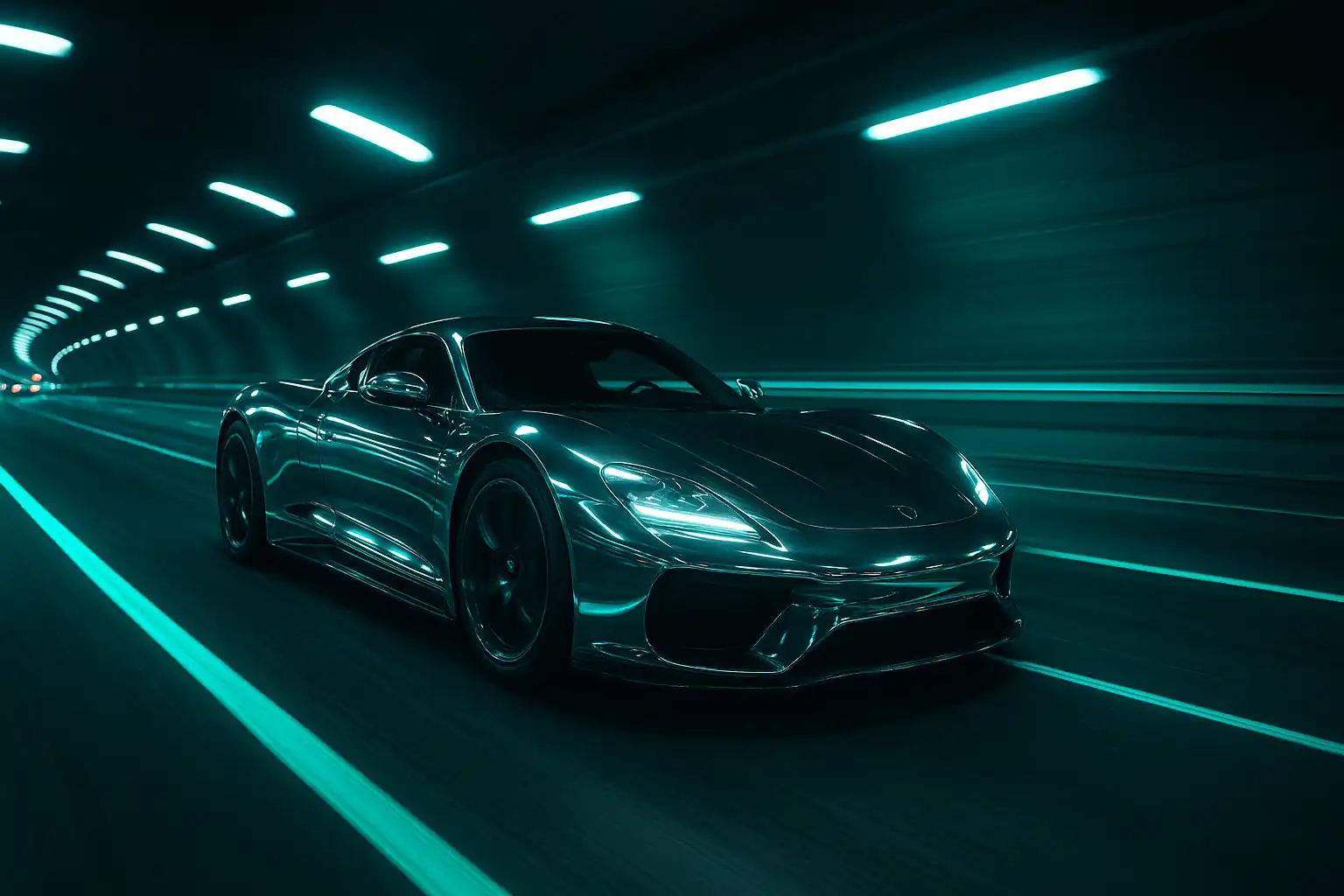 Chrom-Sportwagen rast durch einen beleuchteten Autobahn-Tunnel bei Nacht