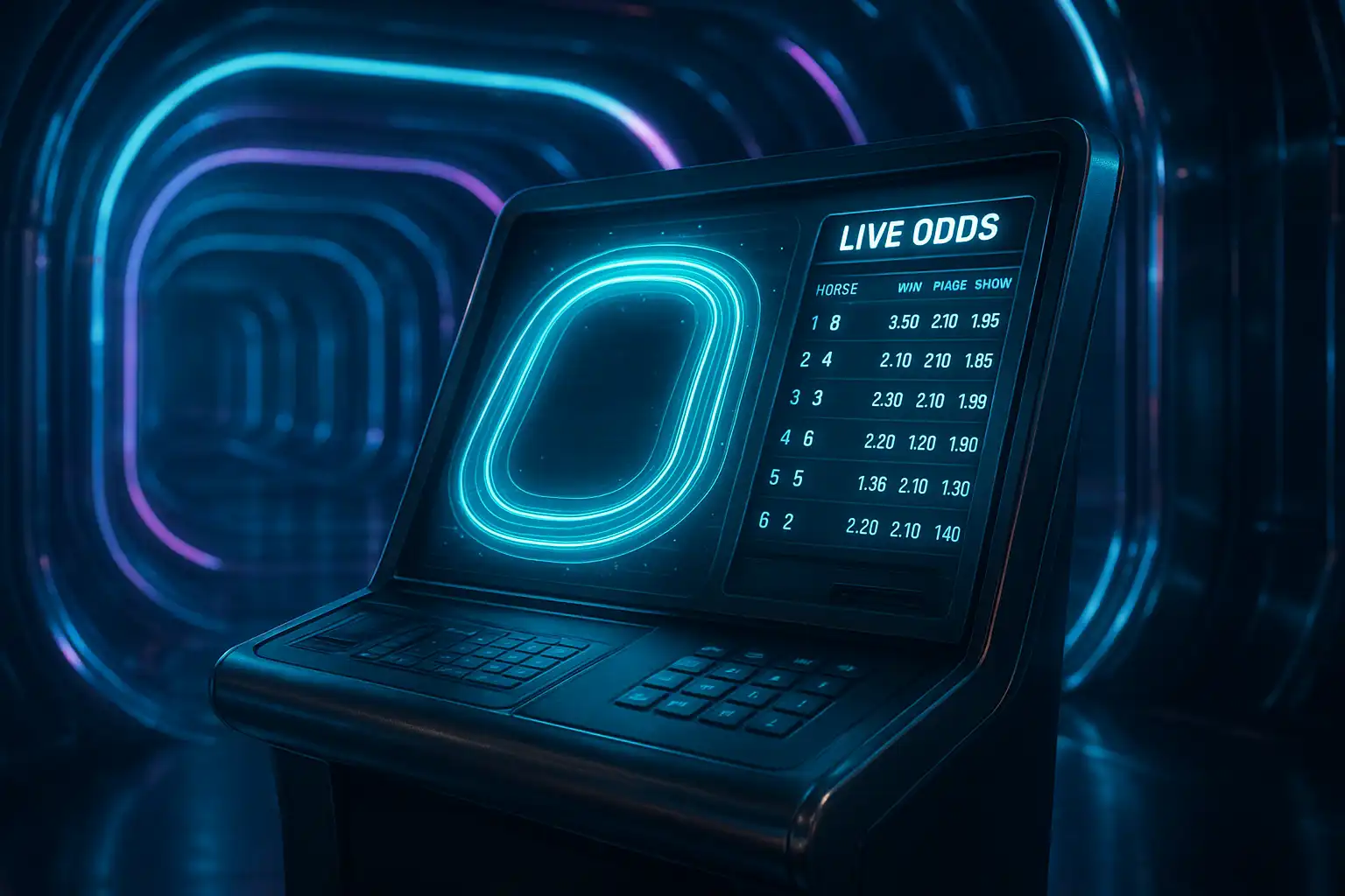 Digitales Wettpult mit Rennstrecken-Grafik und Live-Quoten im Neonlicht